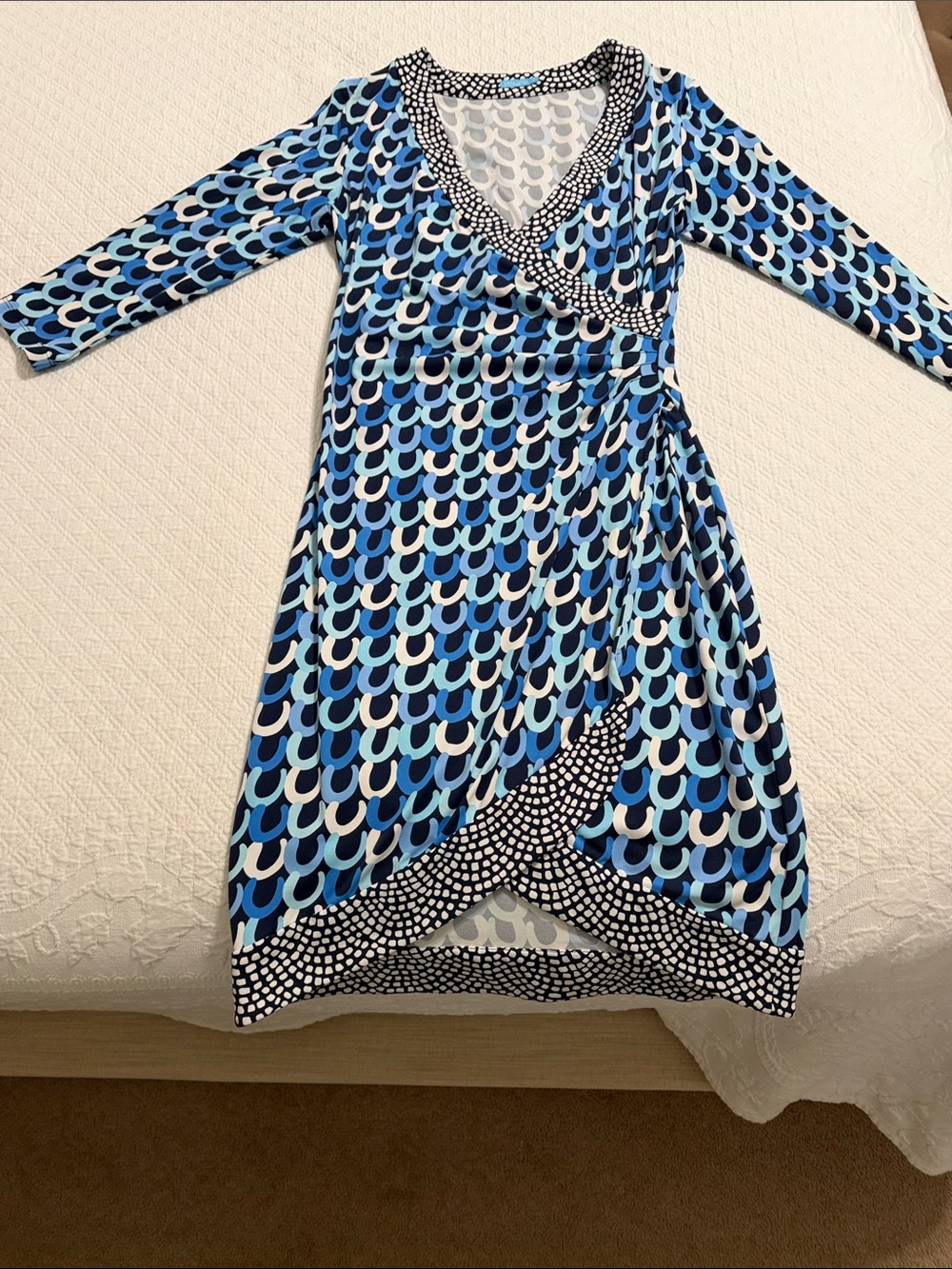 Blue Multi-Print Long Sleeve Faux-Wrap Dress